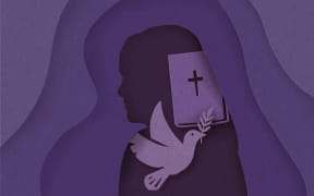 Cut paper silhouette of woman, bible and dove