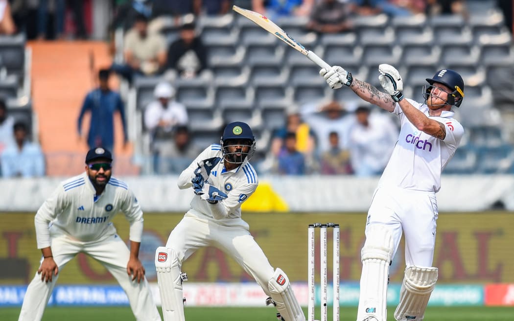 England's captain Ben Stokes plays a shot during the test series against India, 2024.