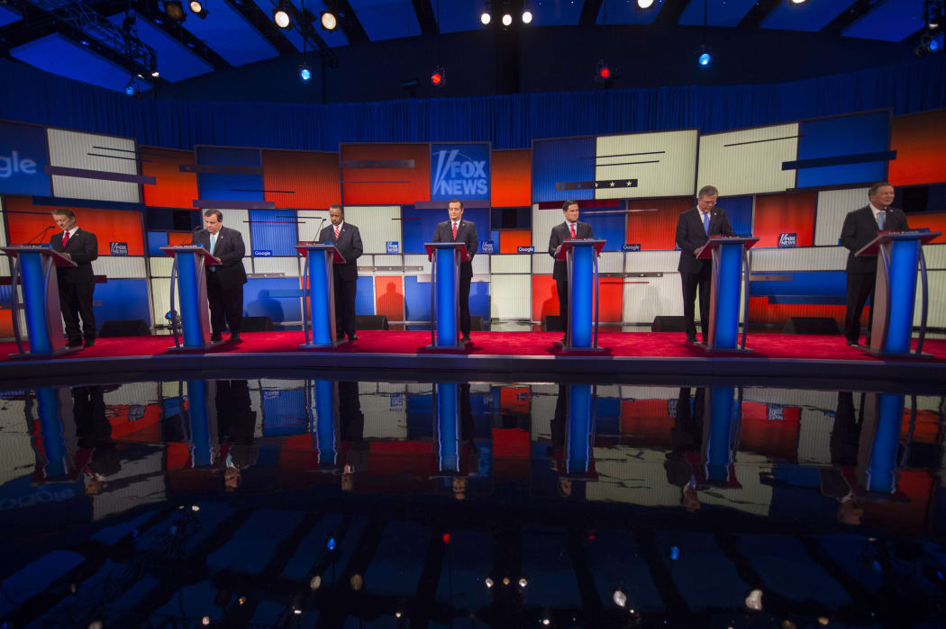 Republican presidential candidates participate in a debate sponsored by Fox News at the Iowa Events Center in Des Moines on Thursday 28 January.
