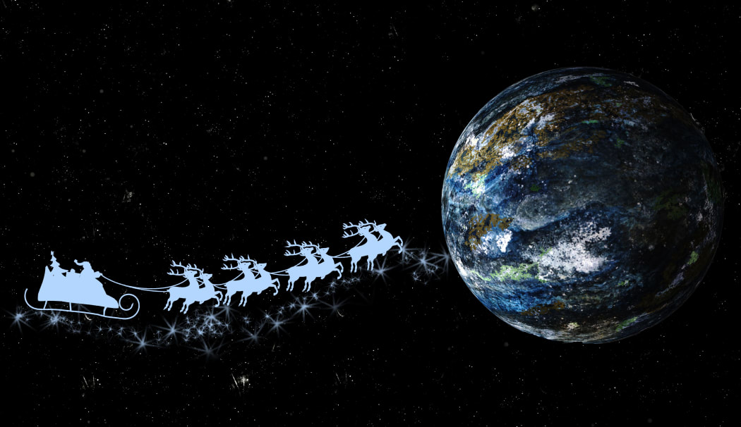 Santa Claus on sleigh with reindeer over the world.