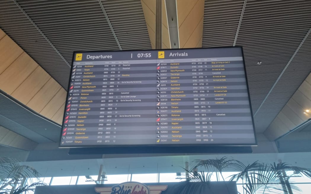 Wellington Airport's departure board on 22 November 2023.