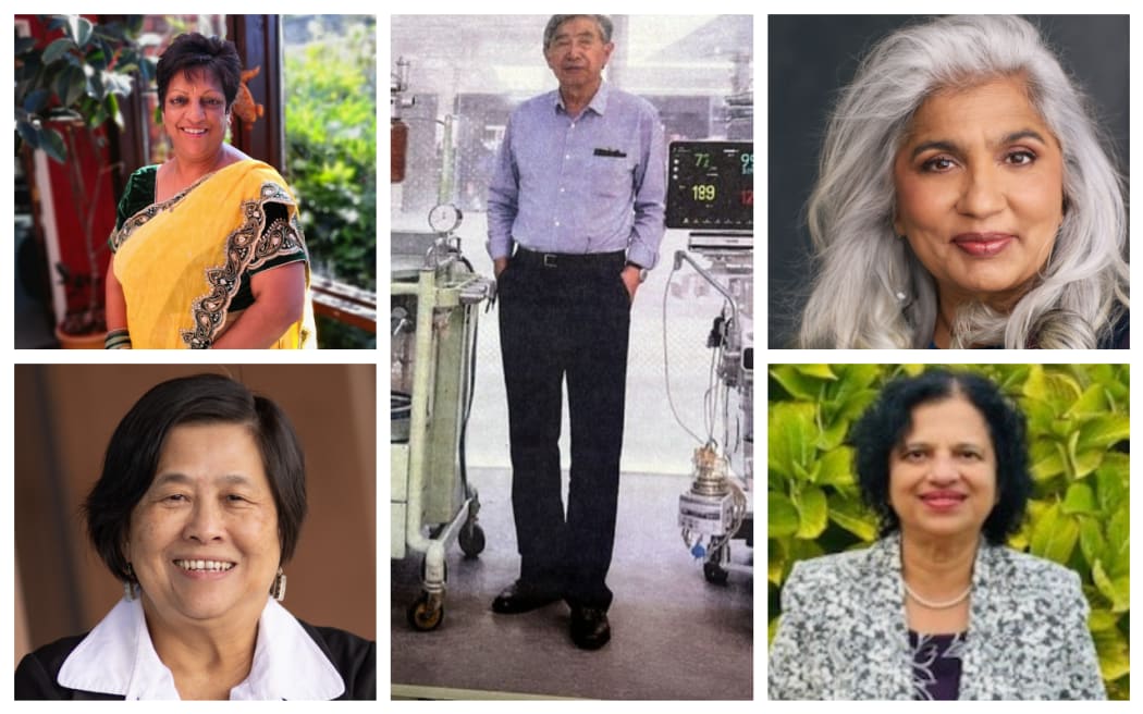 Sumati Govind (top-left), Mary Low(bottom-left), Luk Chin (middle), Shuchi Kothari (top-right) and Udaya Samarakkody (bottom-right) were appointed as a Members of the New Zealand Order of Merit in this year’s King’s Birthday Honours.