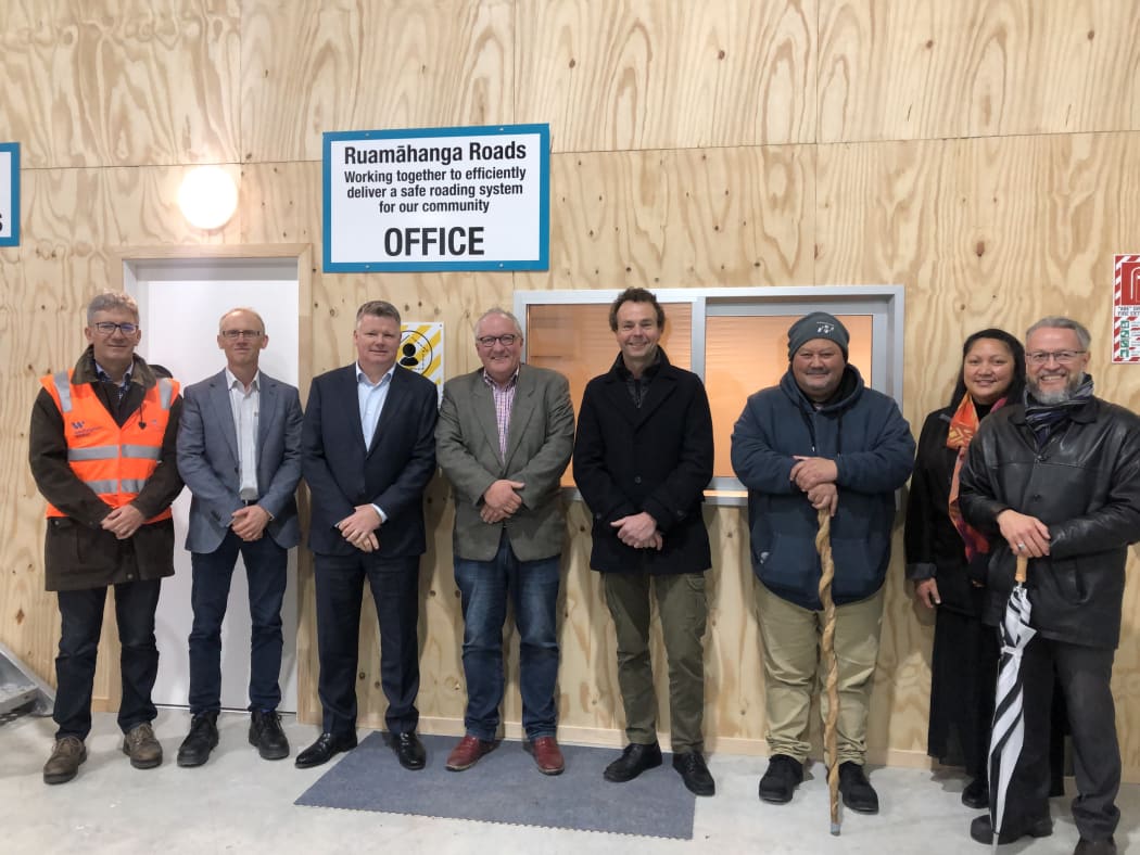 Councillors and council officials from Carterton and South Wairarapa districts join workers at the new Ruamāhanga Roads [RR] depot at Dalefield Rd, Carterton.