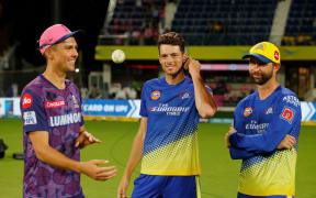 Trent Boult of Rajasthan Royals , Devon Conway of Chennai Super Kings and Mitchell Santner of Chennai Super Kings during 2023 Indian Premier League.