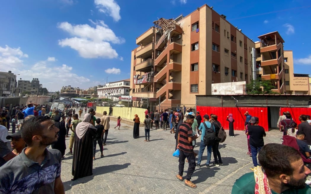 Palestinians gather outside Nasser hospital in Khan Yunis in the southern Gaza Strip on 25 August 2025, following Israeli strikes.