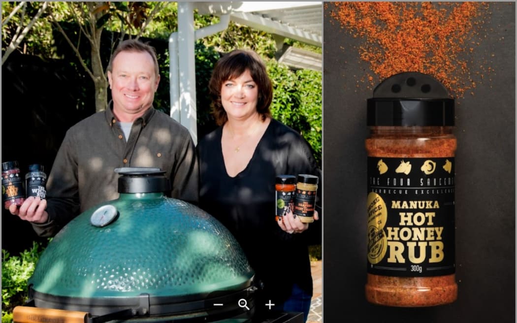 Adam and Sarah Winter with their various rubs and glazes.