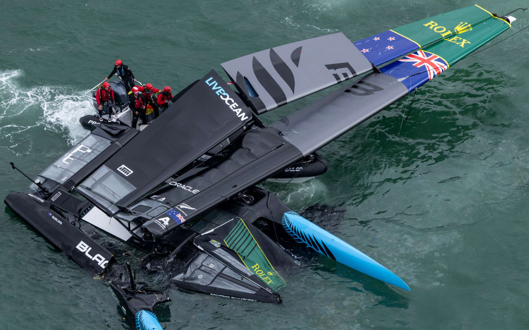 Black Foils SailGP Team helmed by Peter Burling and SailGP Team France helmed by Quentin Delapierre collide during the New Zealand Sail Grand Prix in Auckland, 2026.