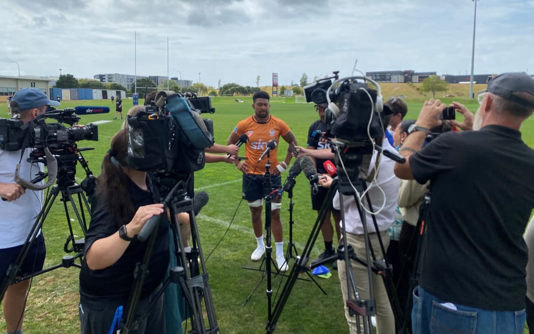 Ardie Savea faces the media in his new role as Moana Pasifika captain.