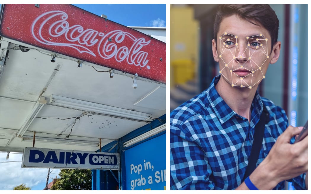 A photo of a dairy next to a man whose face is being scanned by 'facial recognition technology'.