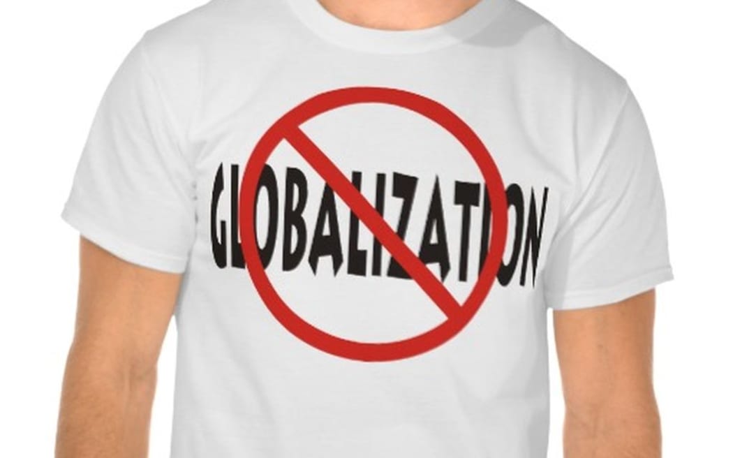 Boy in anti-globalisation t shirt