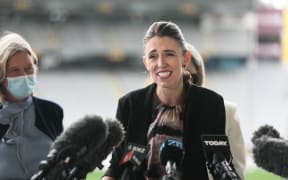 Prime Minister Jacinda Ardern speaks to media at Eden Park, 24 March 2022.