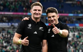 Brothers Jordie Barrett and Beauden Barrett after winning the Rugby World Cup France 2023, Ireland v New Zealand All Blacks Quarter Final match at Stade de France, Saint-Denis, France on Saturday 14 October 2023. Photo credit: Andrew Cornaga / www.photosport.nz
