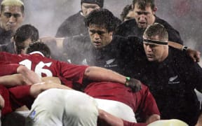 The All Black forward pack get ready for a scrum in the first Test against the Lions in Christchurch in 2005.