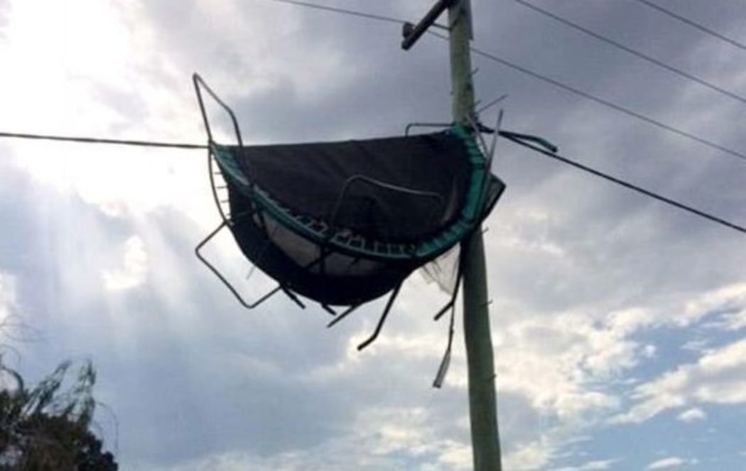 A trampoline caught in powerlines in Gisborne.
