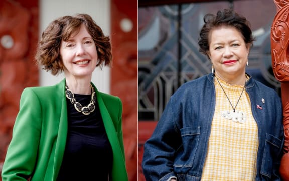Authors Deidre Brown and Ngarino Ellis standing at a marae in New Zealand.