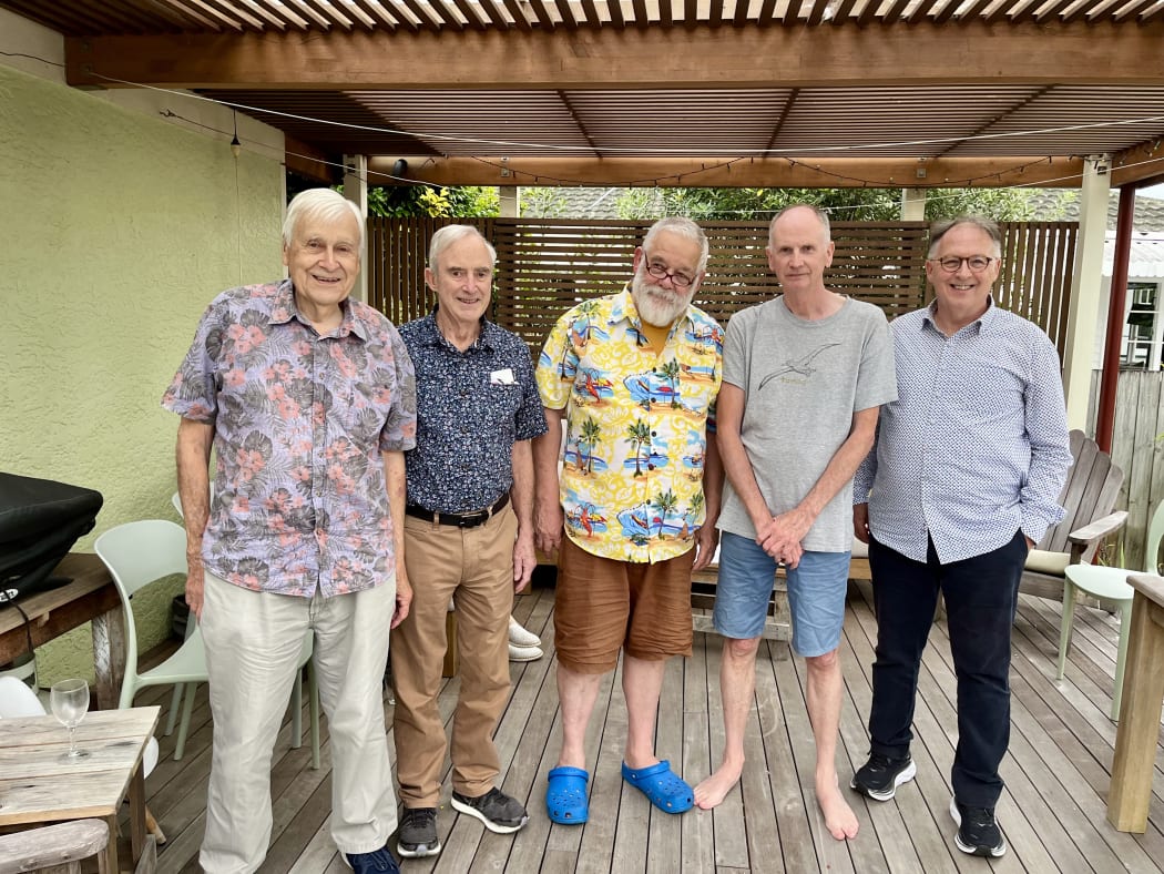 Host of RNZ Concert's New Horizons, William Dart with four producers he worked with over the 45 years of the programme: Barry Hartley, Kerry Stevens, Tim Dodd and David McCaw.