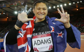 Valerie Adams celebrates winning gold at the Glasgow Commonwealth Games.