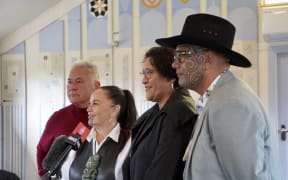 Meka Whaitiri with Te Pāti Māori co-leaders Debbie Ngarewa-Packer and Rawiri Waititi, and party president John Tamihere.