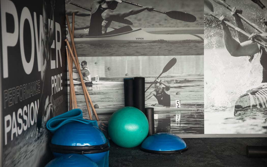 A view through the window into inside a training room at Canoe Racing New Zealand's High Performance Centre at Lake Karāpiro, Cambridge.
