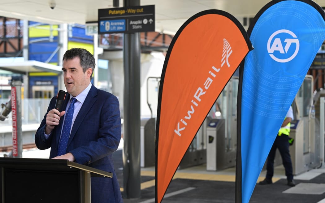 Transport Minister Chris Bishop at the reopening of Pukekohe Station on Sunday.
