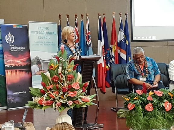 Mary Power speaks at the the fifth meeting of the Pacific Meteorological Council in Samoa.