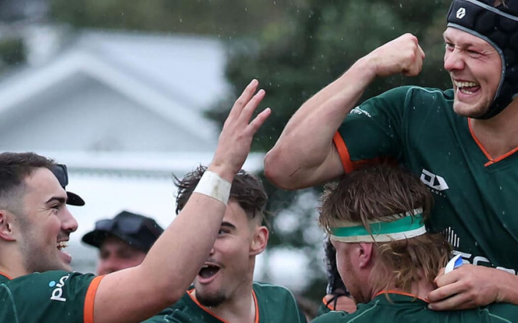 Pakuranga Black Panthers players celebrate their Under 85kg Club Cup quarter final win.