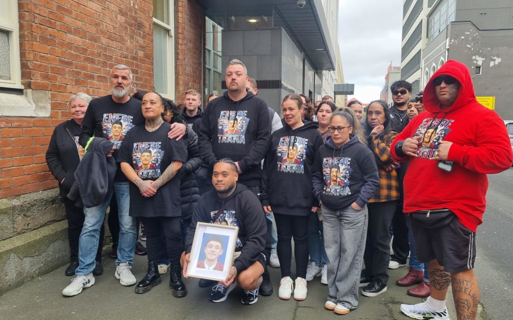 The family of Enere McLaren-Taana outside of the Dunedin courthouse.