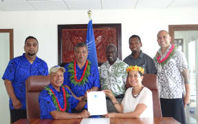Marshall Islands fisheries Minister Dennis Momotaro and Forum Fisheries Agency Director General Dr. Manu Tupou-Roosen signed an agreement for aerial surveillance following the opening of the new MIMRA headquarters.