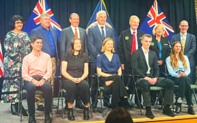Students with officials from NASA and Economic Development Minister Stuart Nash.