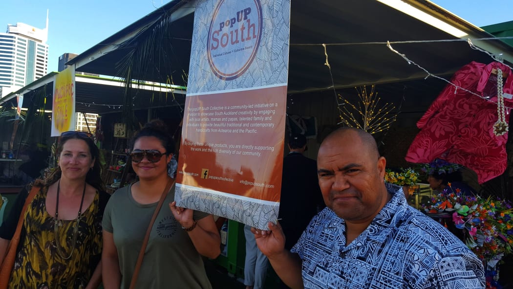 (From left) Auckland Council advisor Helen Grant, Casey Smith-Graham, chair of the Vaka Manukau Niue Community Trust, and Ina Michael chair of the Mangere-Otahuhu Social Entreprise Collective at Pop-Up South.