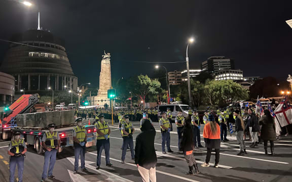 Police and protesters are facing off this morning in two streets near Parliament.