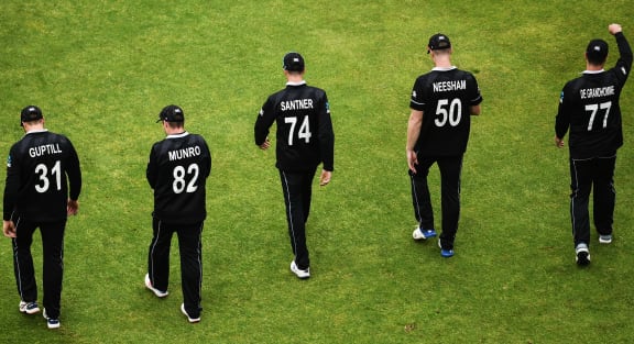 Martin Guptill, Colin Munro, Mitchell Santner, Jimmy Neesham and Colin de Grandhomme.
New Zealand Black Caps v Pakistan. ICC Cricket World Cup. Edgbaston, Birmingham, UK. Wednesday 26 June 2019. Â© Copyright Photo: Andrew Cornaga / www.photosport.nz