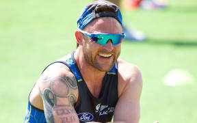 The Black Caps captain Brendon McCullum laughs during training before the 2nd test against Australia in Perth.