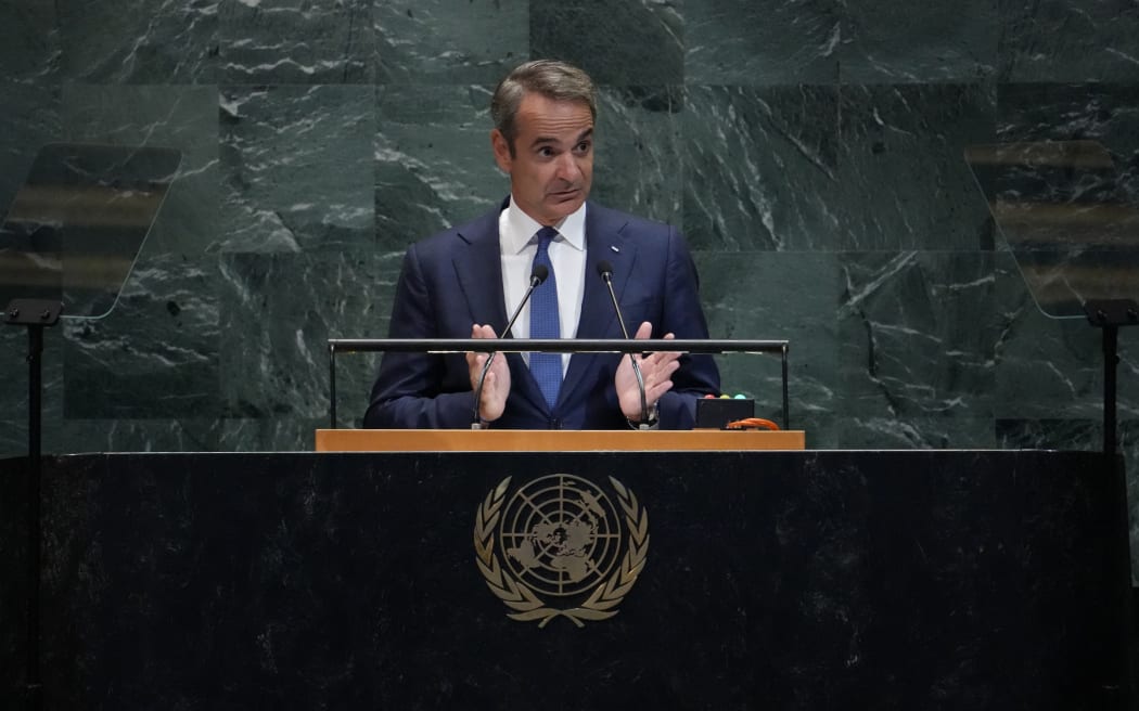 Greek Prime Minister Kyriakos Mitsotakis speaks during the General Debate of the United Nations General Assembly at UN headquarters in New York City on September 26, 2025. (Photo by TIMOTHY A. CLARY / AFP)