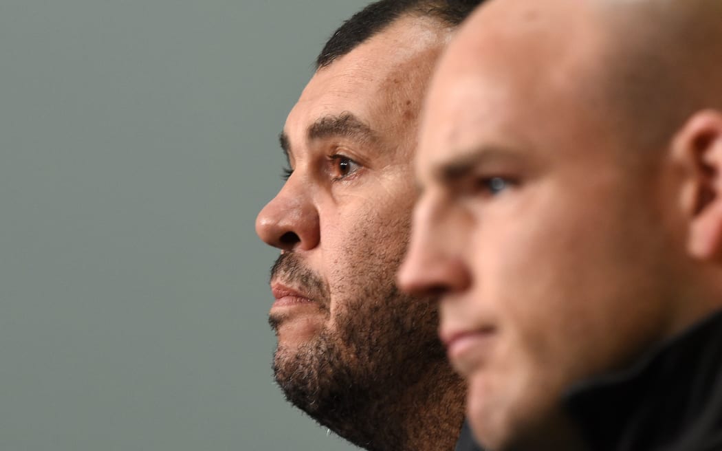 Wallabies coach Michael Cheika (L) with captain Stephen Moore