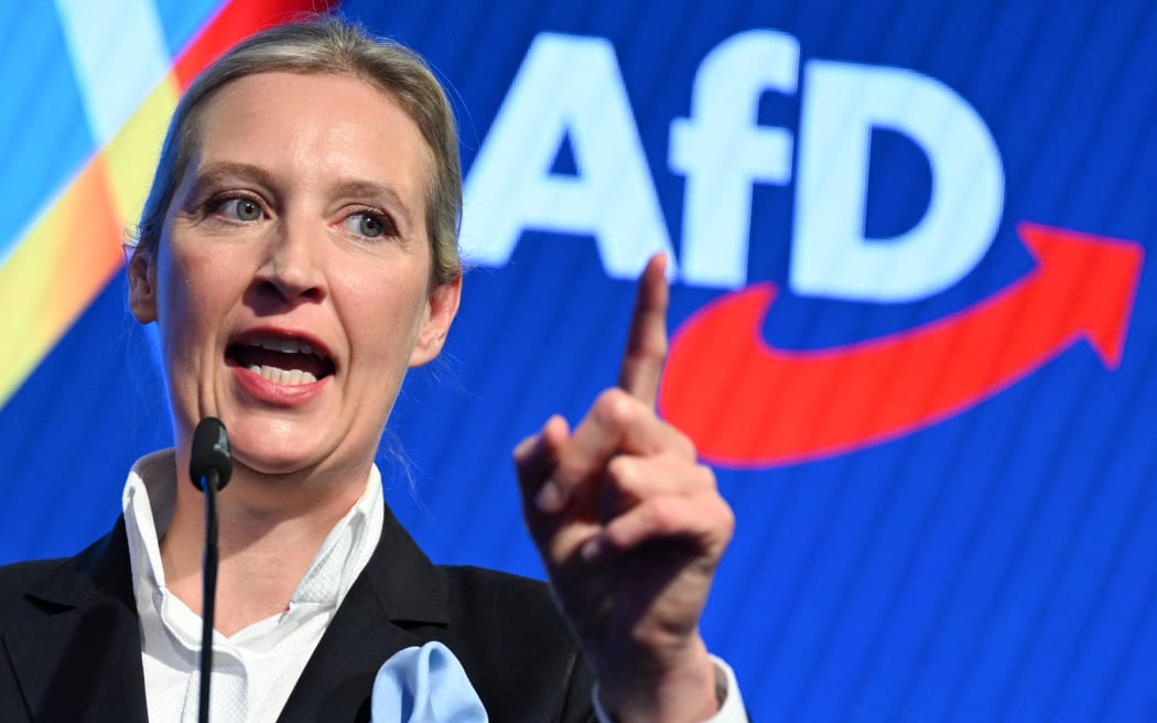 Co-leader of Germany's far-right Alternative for Germany (AfD) party and top candidate for Chancellor Alice Weidel speaks during the electoral evening in Berlin on February 23, 2025, after the first exit polls in the German general elections. (Photo by Soeren STACHE / POOL / AFP)