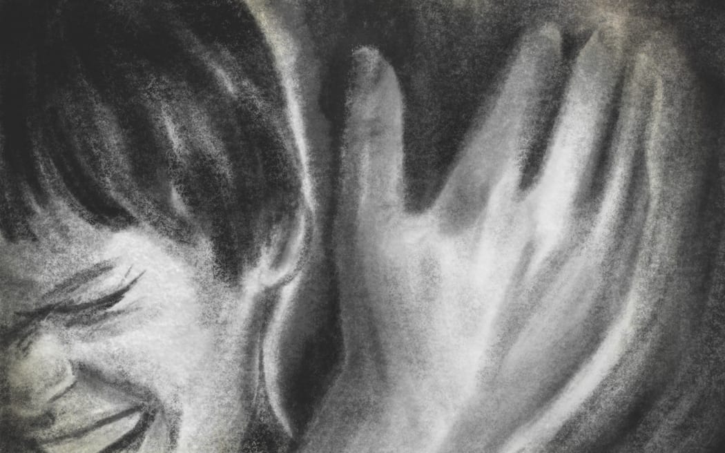 Charcoal sketch of a child's scared face about to be slapped