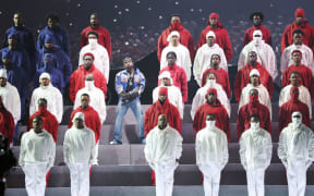 Kendrick Lamar performs onstage during Apple Music Super Bowl LIX Halftime Show.
