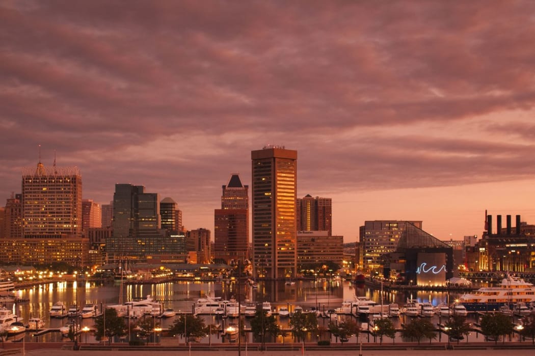 United States, Maryland, Baltimore, Inner Harbor, skyline from Federal Hill, dawn (Photo by BIBIKOW Walter / Hemis.fr / hemis.fr / Hemis via AFP)