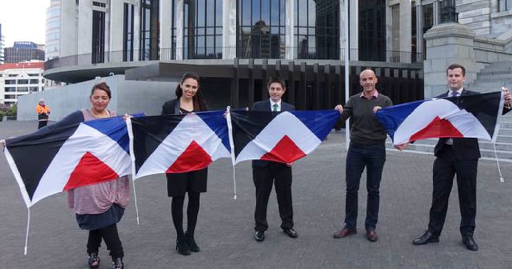 From left: Marama Fox (Maori Party), Jacinda Ardern (Labour), Gareth Hughes (Green), petition organiser Rowan Simpson and David Seymour (ACT)