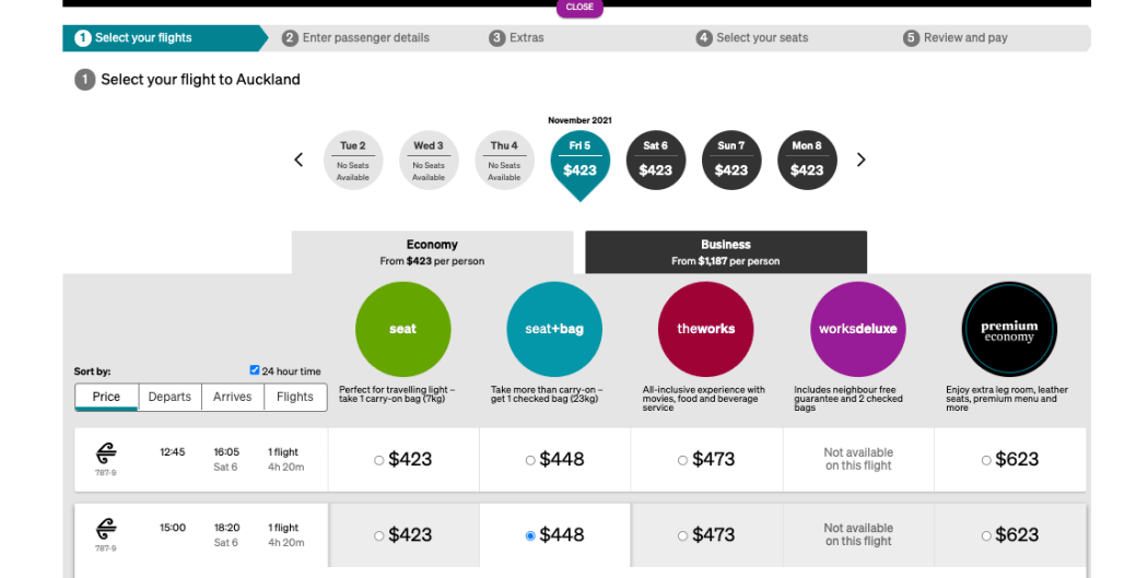 Screenshot taken on 27 October showing daily Air New Zealand flights from 5 November