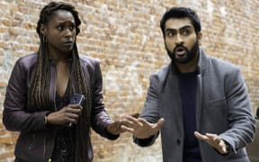 Issa Rae as Leilani, Kumail Nanjiana as Jibran of "The Lovebirds" from NETFLIX.