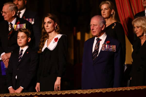 (L-R) Britain's Prince George of Wales, Britain's Catherine, Princess of Wales, Britain's King Charles III and Britain's Queen Camilla attend The Royal British Legion Festival of Remembrance event at the Royal Albert Hall, in London, on November 8, 2025 ahead of Remembrance Day commemorations. (Photo by Jack Taylor / POOL / AFP)