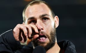 Vodafone Warriors Simon Mannering emotional during his presentation speech.