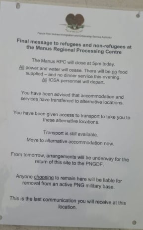 The final closure noticed posted in the Manus Island detention centre 31/10/17.