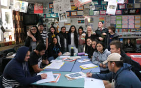 Michelle Lawrence with her Freedom Writers students