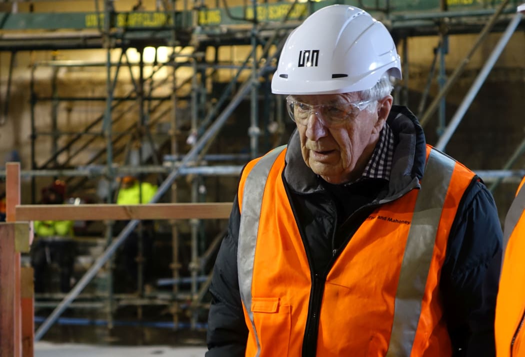 Today, the original architects of the hall, Sir Miles Warren and Maurice Mahoney, checked in on the construction site as the last piece of heritage fabric from the building was removed for restoration.