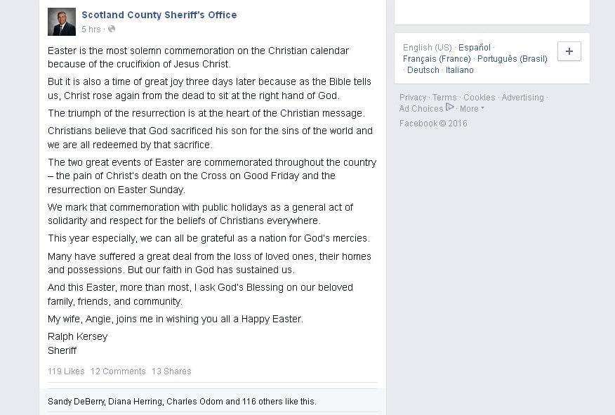 Sheriff Ralph Kersey with his Easter message.