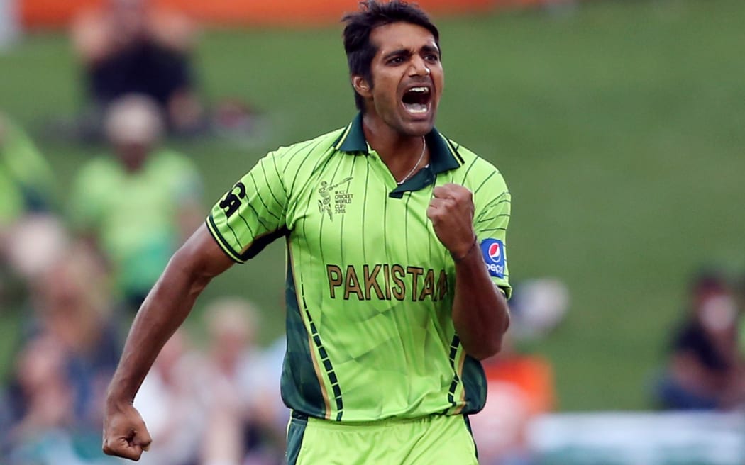 Pakistan's Rahat Ali celebrates the wicket of UAE's Amjad Ali during the Pool B Cricket World Cup match in Napier.