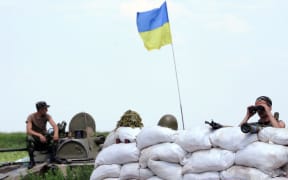Ukrainian forces guard at a check-point near the eastern Ukrainian city of Amvrosievka, Donetsk region, on June 7, 2014.